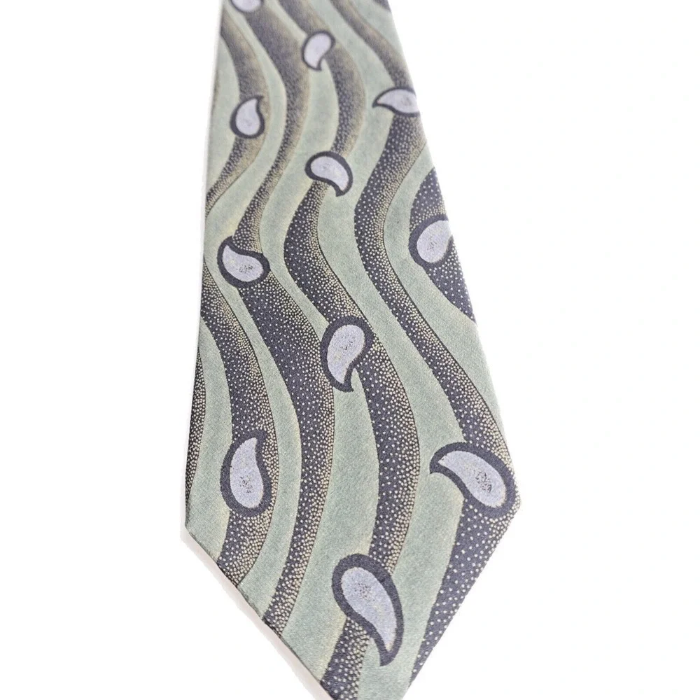 Vintage Karl Lagerfeld Tie Abstract Green Grey Teardrop 100% Silk Art to‎ Wear
